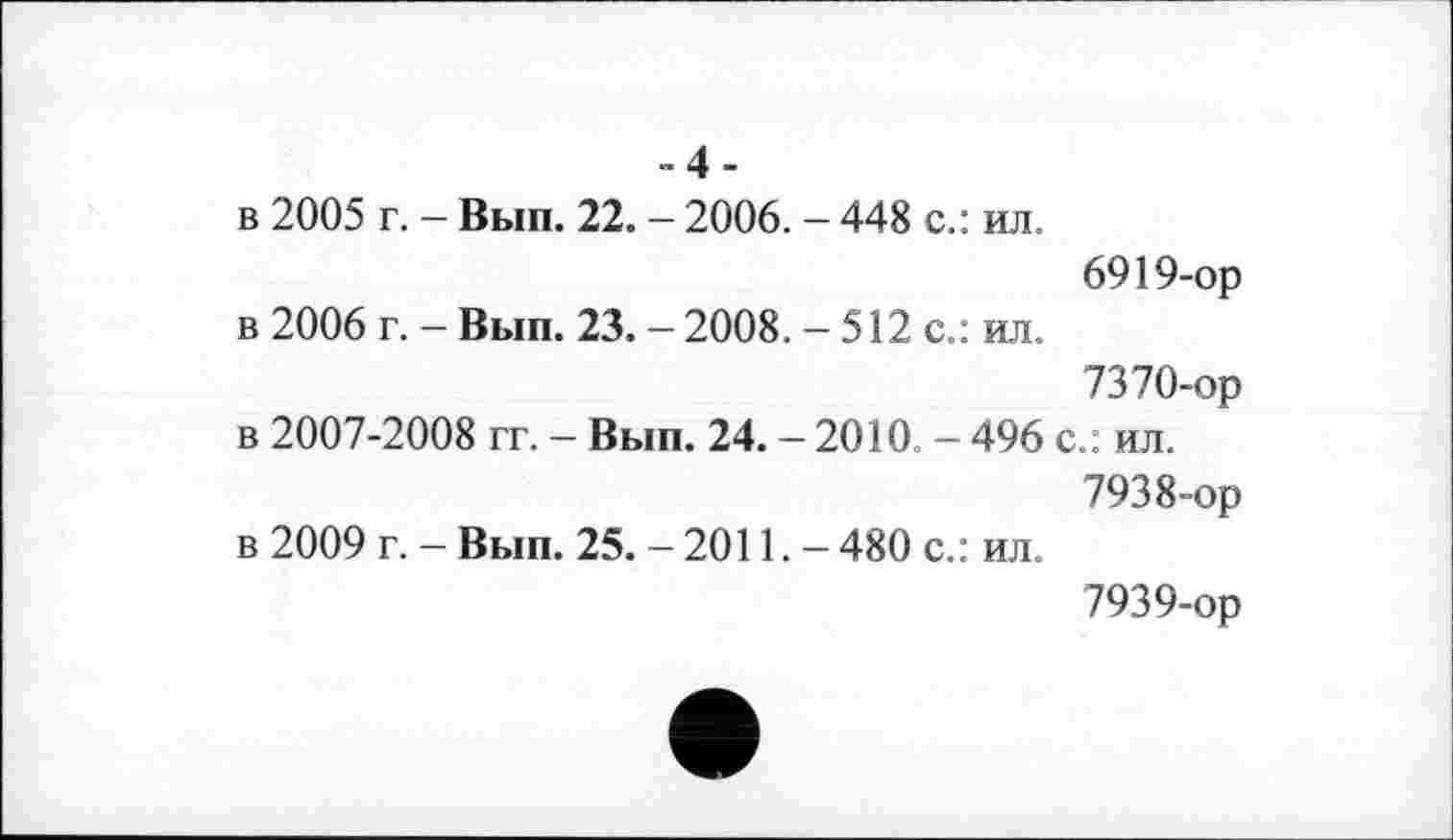 ﻿4-
в 2005 г. - Вып. 22. - 2006. - 448 с.: ил.
6919-ор в 2006 г. - Вып. 23. - 2008. - 512 с.: ил.
7370-ор
в 2007-2008 гг. - Вып. 24. -2010 - 496 с.: ил.
7938-	ор
в 2009 г. - Вып. 25. - 2011. - 480 с.: ил.
7939-	ор